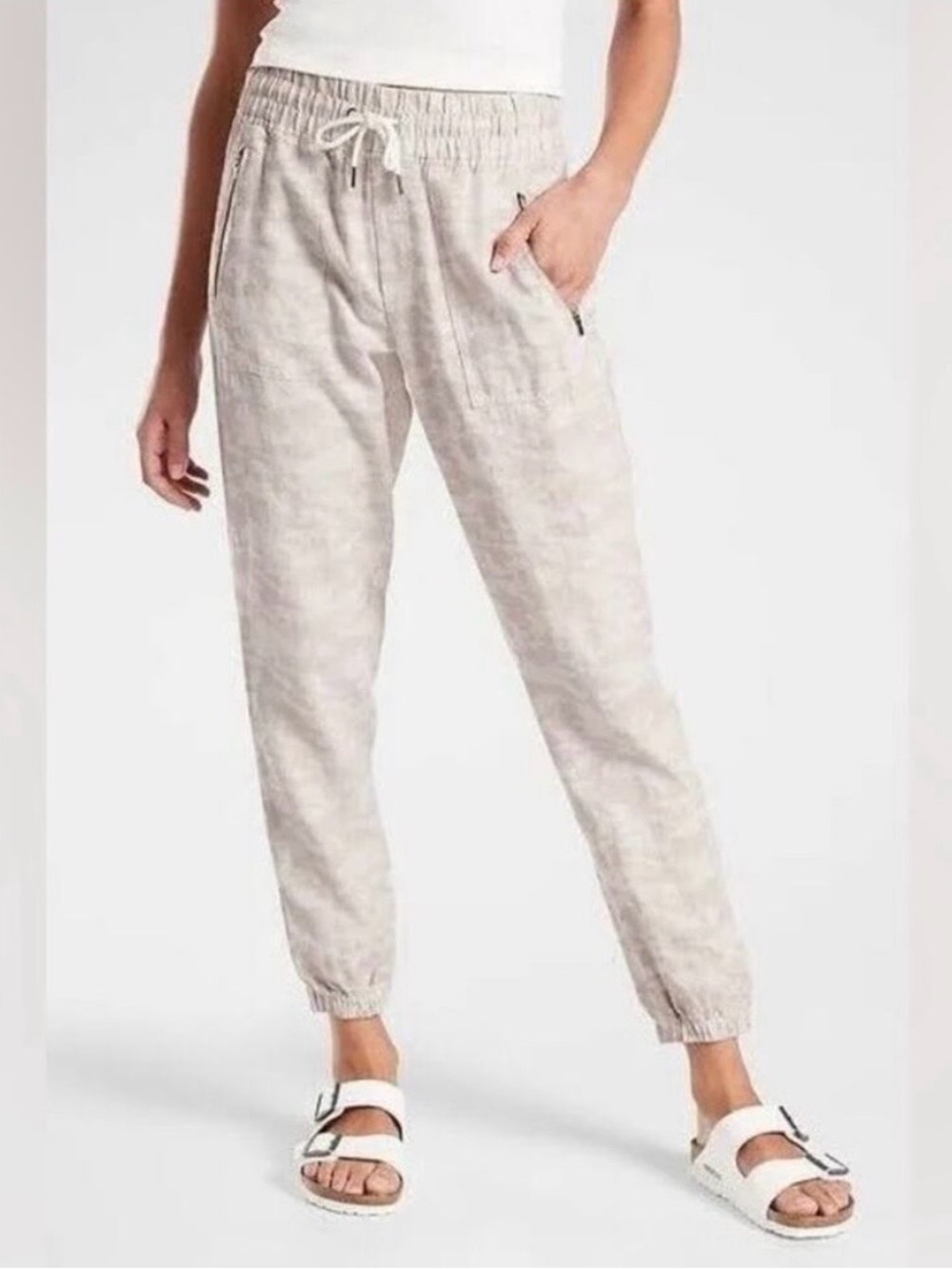 Athleta “Cabo Tide” Linen Joggers White Tan Camo Drawstring Pants Casual Comfy 2